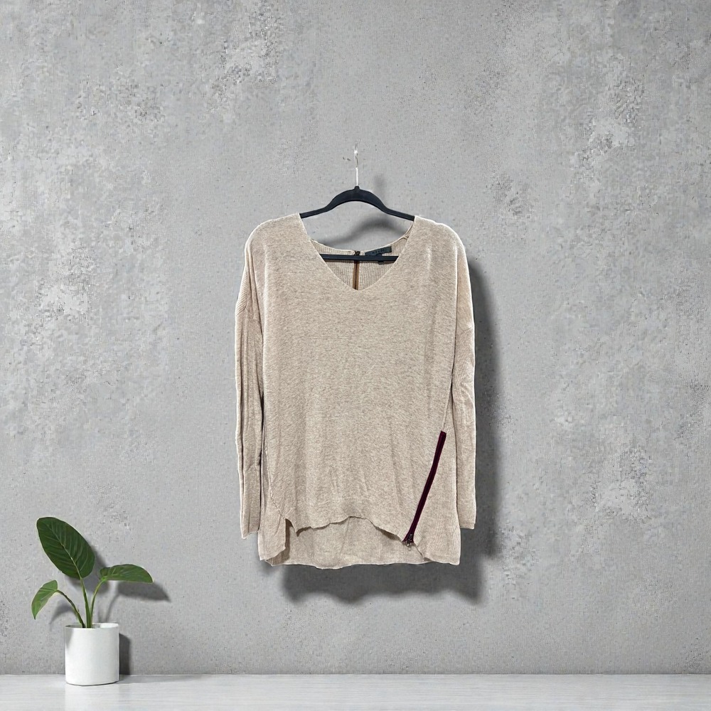 Maudie V Neck Long Sleeve Sweater Beige Zipper Detail Asymmetrical Hem Large